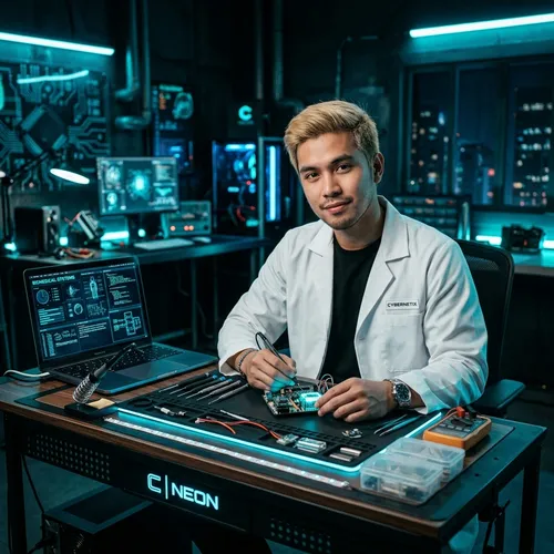 Technician at a sleek workbench in a dark studio